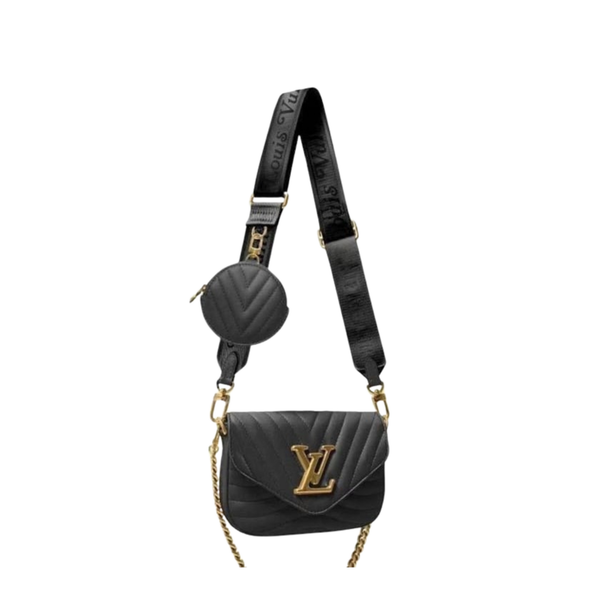 A black LV (Louis Vuitton) crossbody bag with a gold chain strap and branding on the front.